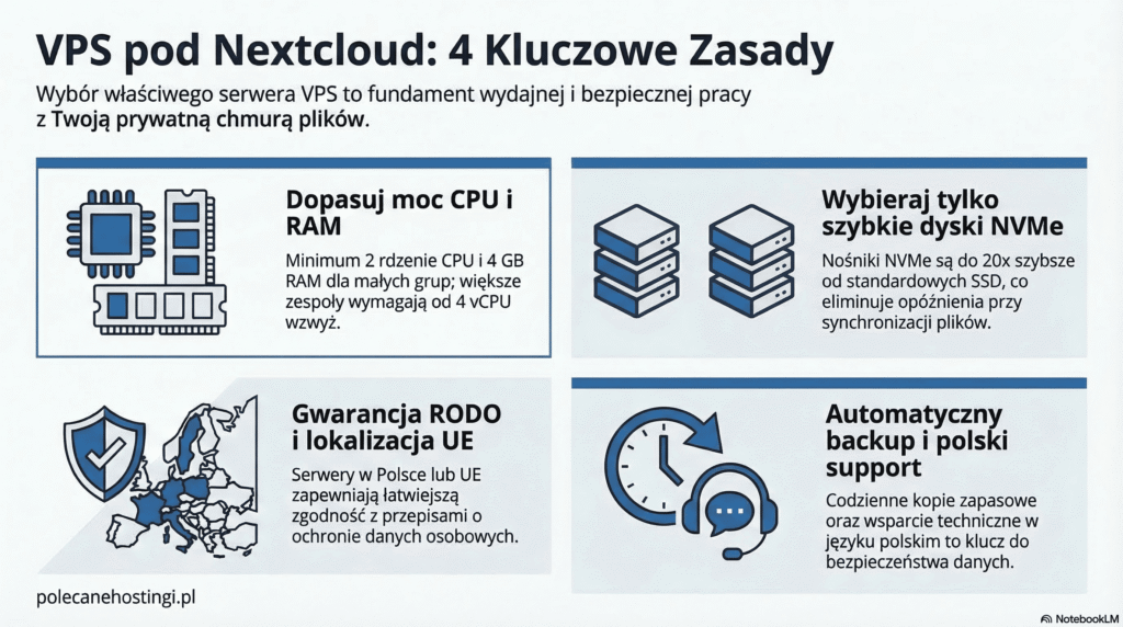 4 zasady VPS pod Nextcloud: dobór CPU i RAM, szybkie dyski NVMe, lokalizacja w UE (RODO) oraz automatyczny backup.