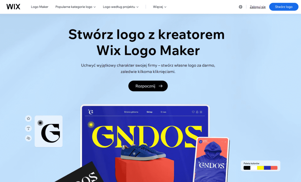 Polski interfejs kreatora logo Wix Logo Maker z przyciskiem Rozpocznij.