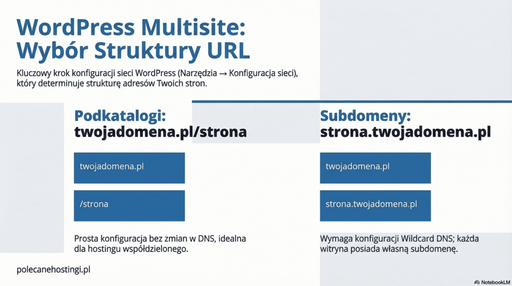 Schemat porównujący strukturę adresów URL: podkatalogi (twojadomena.pl/strona) kontra subdomeny (strona.twojadomena.pl).