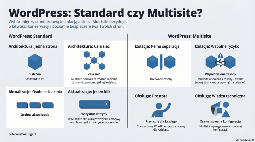 Infografika porównująca architekturę, izolację zasobów i sposób aktualizacji między standardowym WordPressem a siecią Multisite.