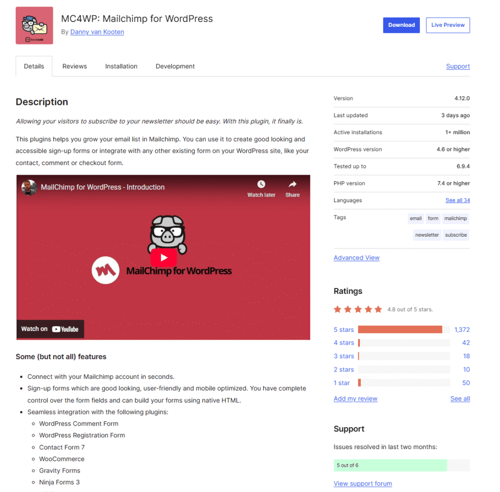 Opis wtyczki MC4WP Mailchimp for WordPress w repozytorium.