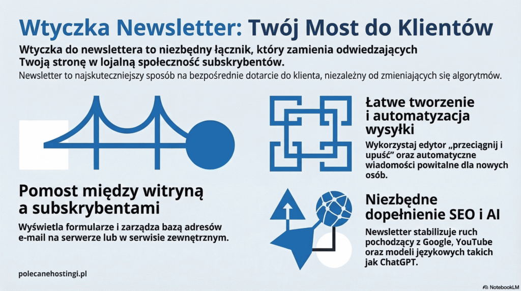 Infografika przedstawiająca wtyczkę newsletter jako most łączący witrynę z lojalną społecznością subskrybentów.