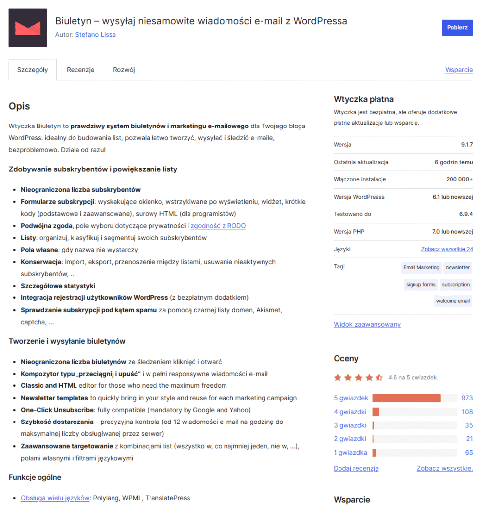 Karta wtyczki Biuletyn (The Newsletter Plugin) autorstwa Stefano Lissa.