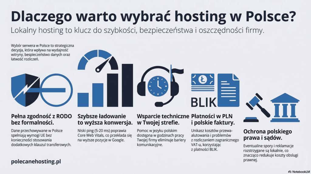 Wykres zalet hostingu w Polsce: RODO, szybkie ladowanie, wsparcie techniczne PL, platnosci BLIK i polskie prawo.